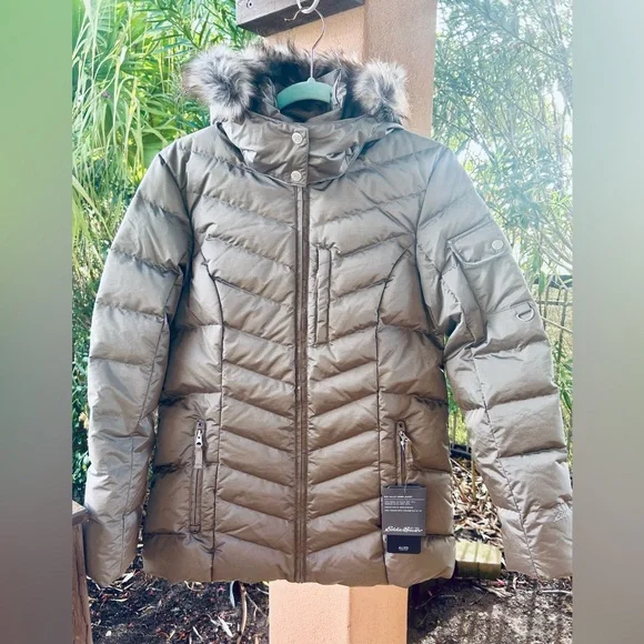 NWT EDDIE BAUER Sun Valley 650 Down Parka Jacket Fur Hood Taupe women’s Medium - Picture 14 of 15